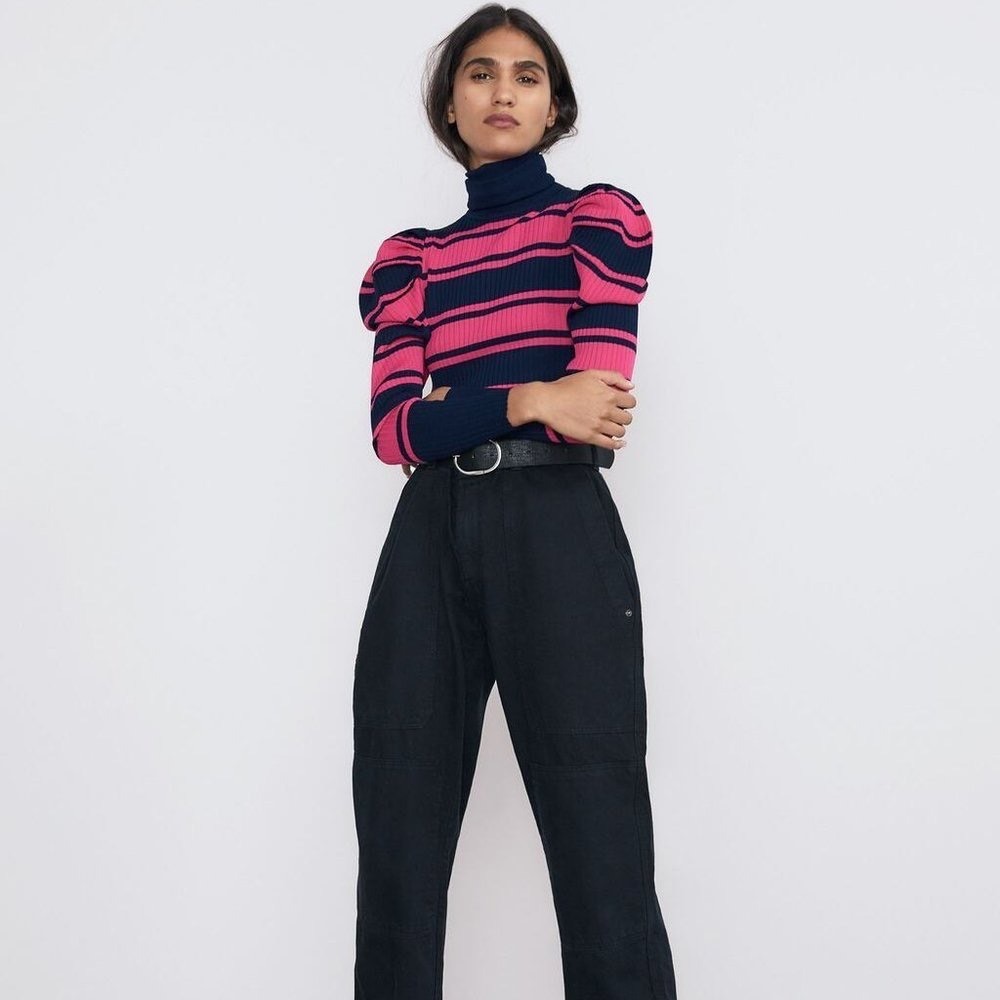ZARA Pink Navy Stripe Ribbed Turtleneck Puff Sleeve Sweater Top Pullover Medium
